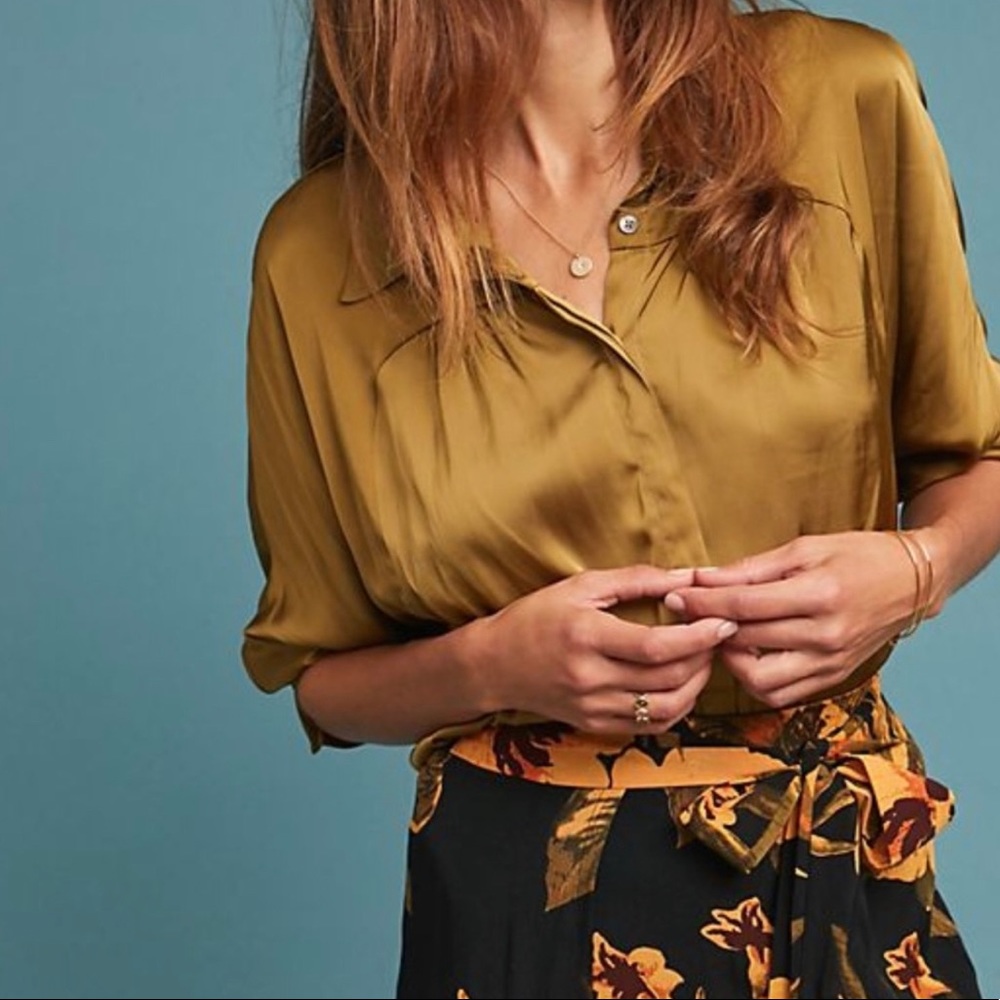 Anthropologie Silk button-up Blouse | Olive Green | size M | NWOT